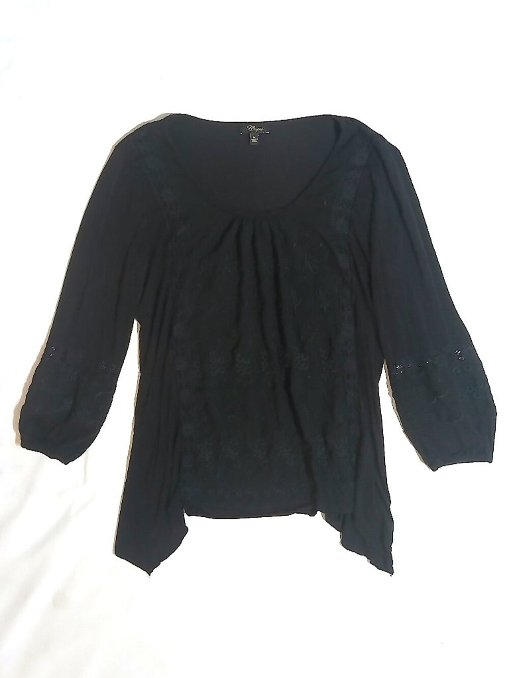 Cupio Women’s M Black Embroidered Lace Tunic Top Asymmetrical Hem Boho